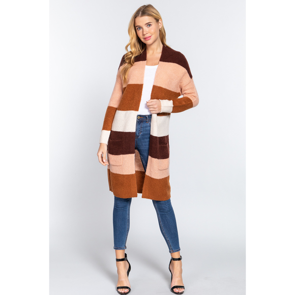 Open Front Color Block Cardigan - Picture 2 of 7